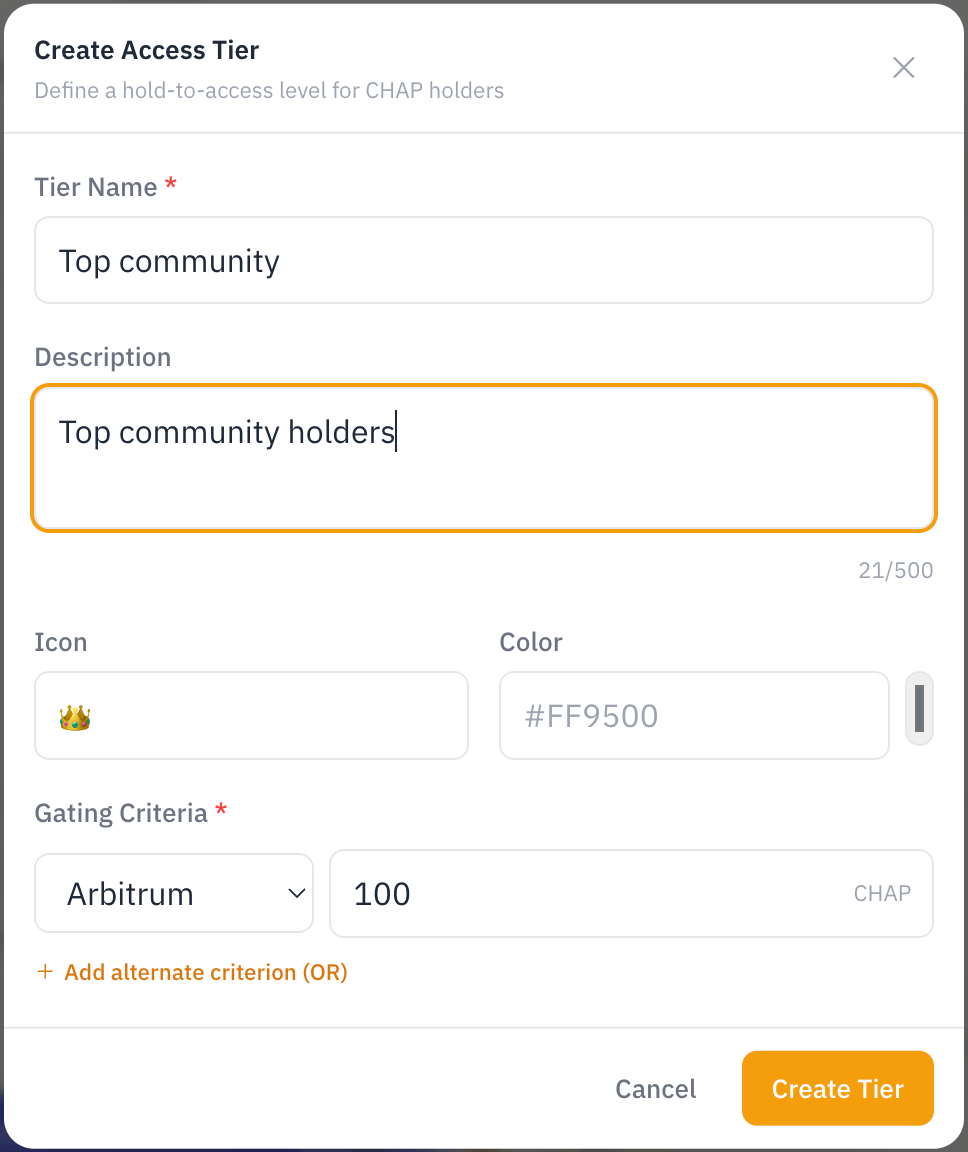 Create Access Tier — tier name, description, icon, color, and gating criteria (chain + minimum balance), with an OR option for alternates