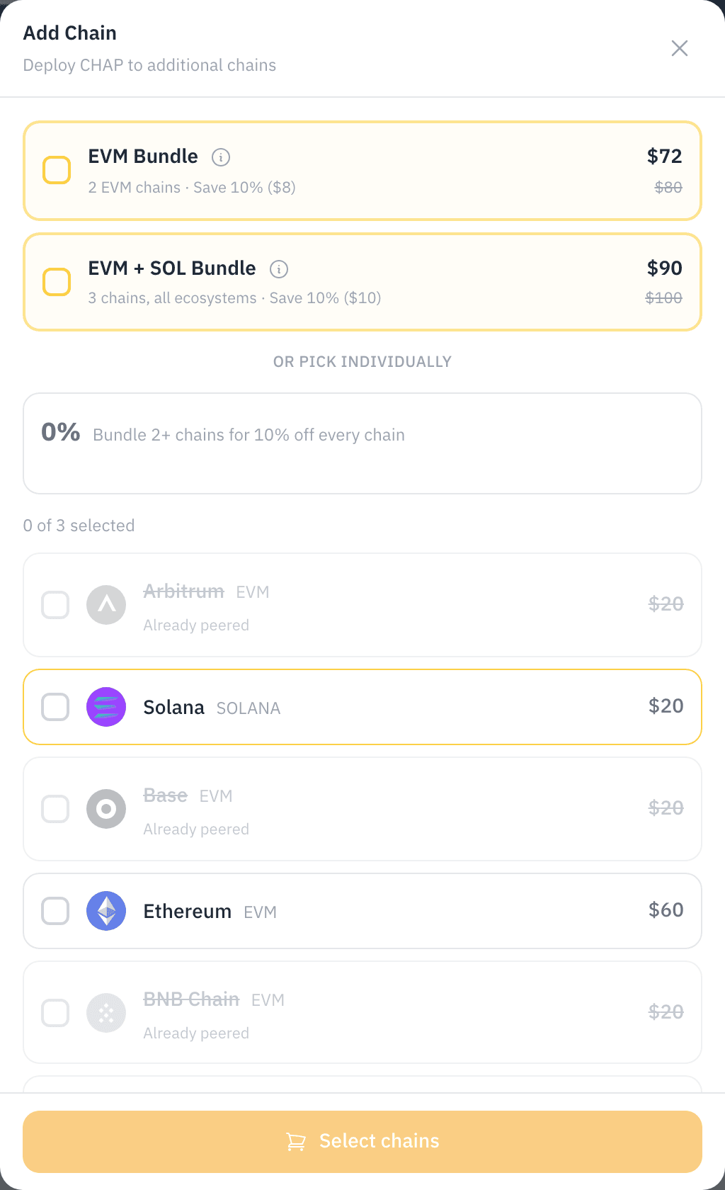 The Add Chain picker — bundle options, per-chain pricing, chains already registered marked "Already peered", and a "Select chains" cart button