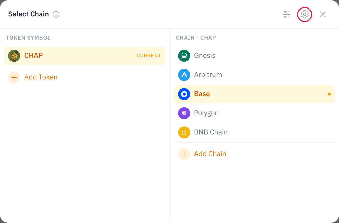 The chain switcher — the gear icon (circled) opens that chain's admin settings; the sliders icon opens Style preferences