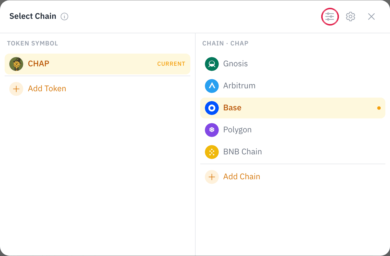 The chain switcher — the Style button (circled) opens the Style editor; the gear icon beside it opens admin settings