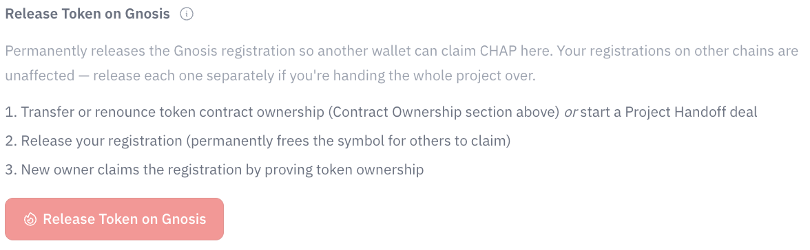 Release Token — transfer or renounce the contract first, then permanently free the symbol on this chain