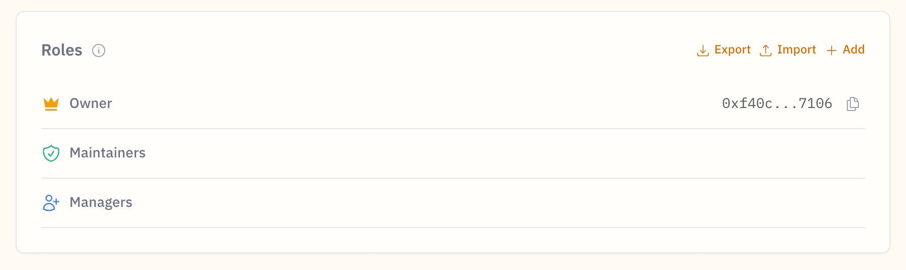 The Roles section — owner, managers, and maintainers, with add / import / export controls