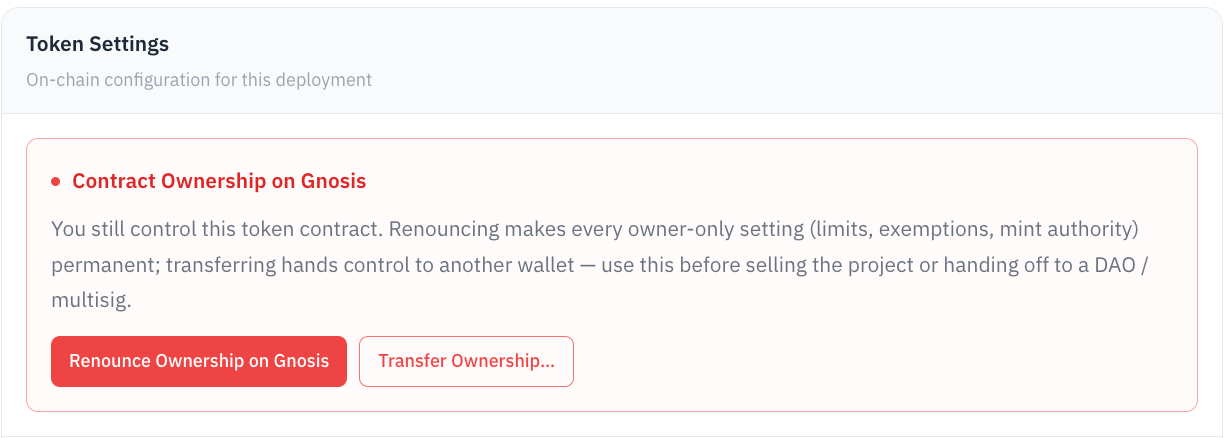 Token Settings in the Danger Zone — Contract Ownership (Renounce / Transfer) surfaced first