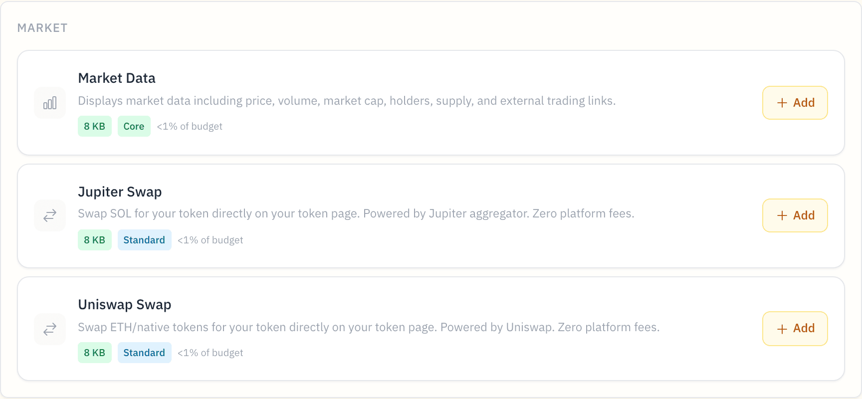The App Directory in Token Manager → Apps — each app shows its size, tier, and page-budget cost, with an Add button to install it on your token page