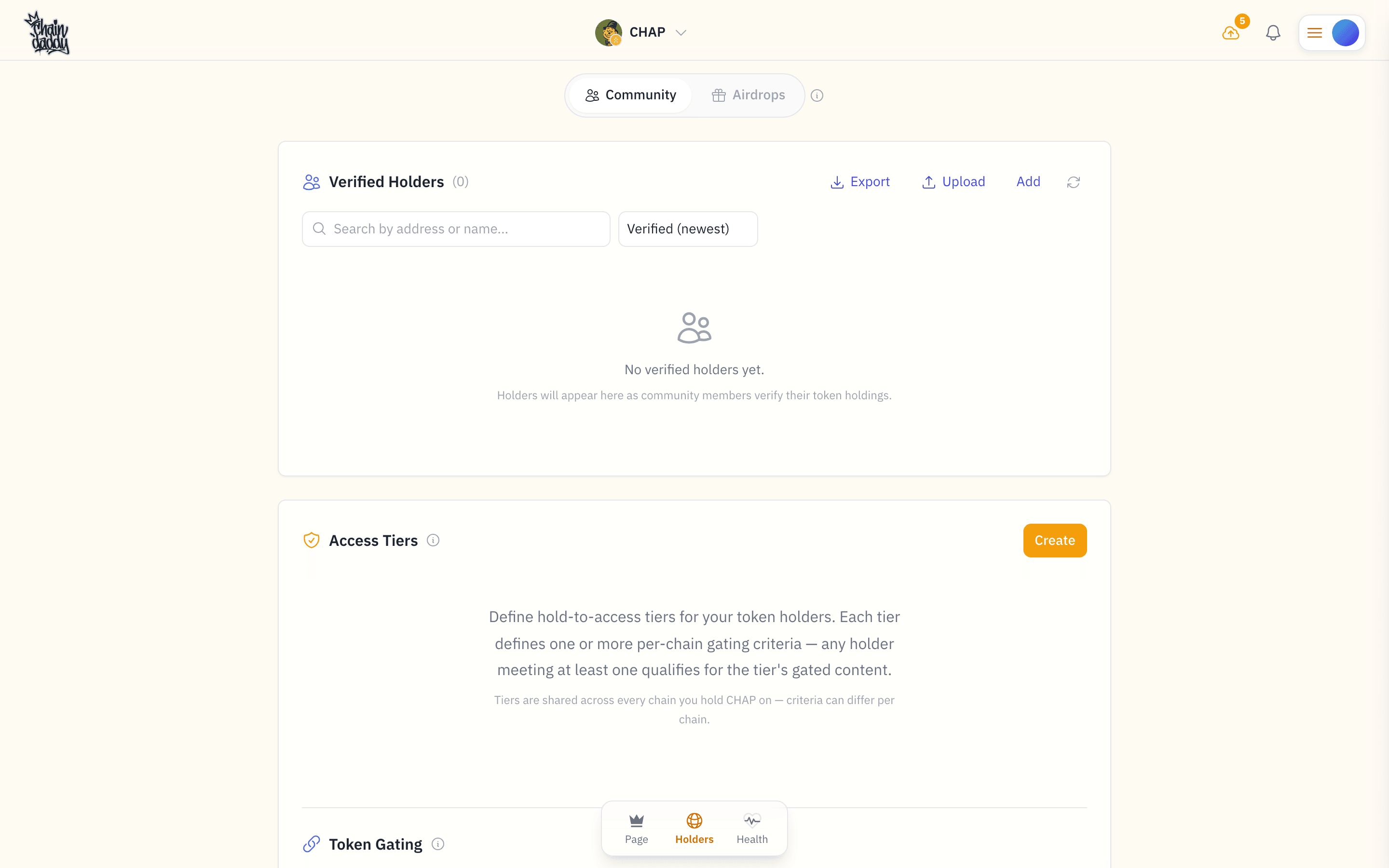 The Token Manager's Community|Airdrops toggle — switch to Airdrops to create and manage campaigns