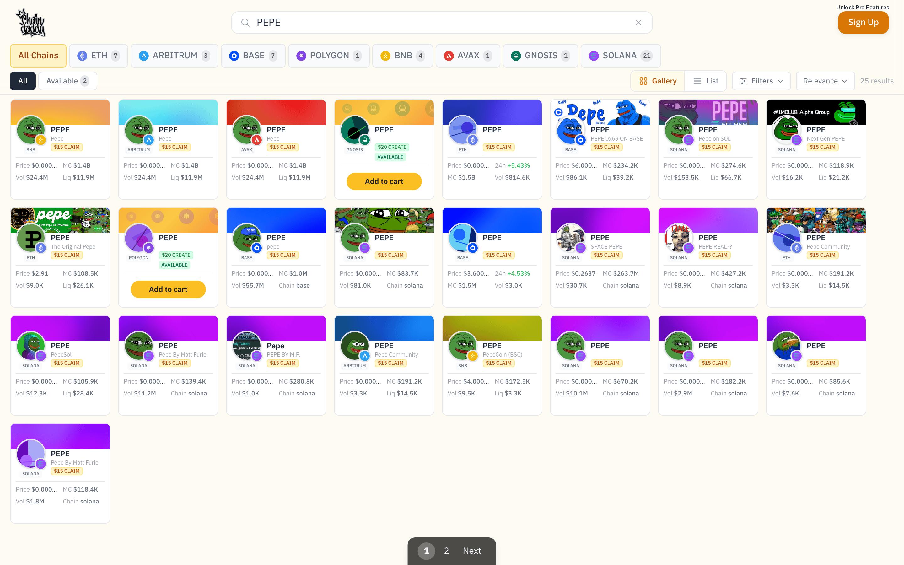 Search results showing PEPE tokens across every supported chain