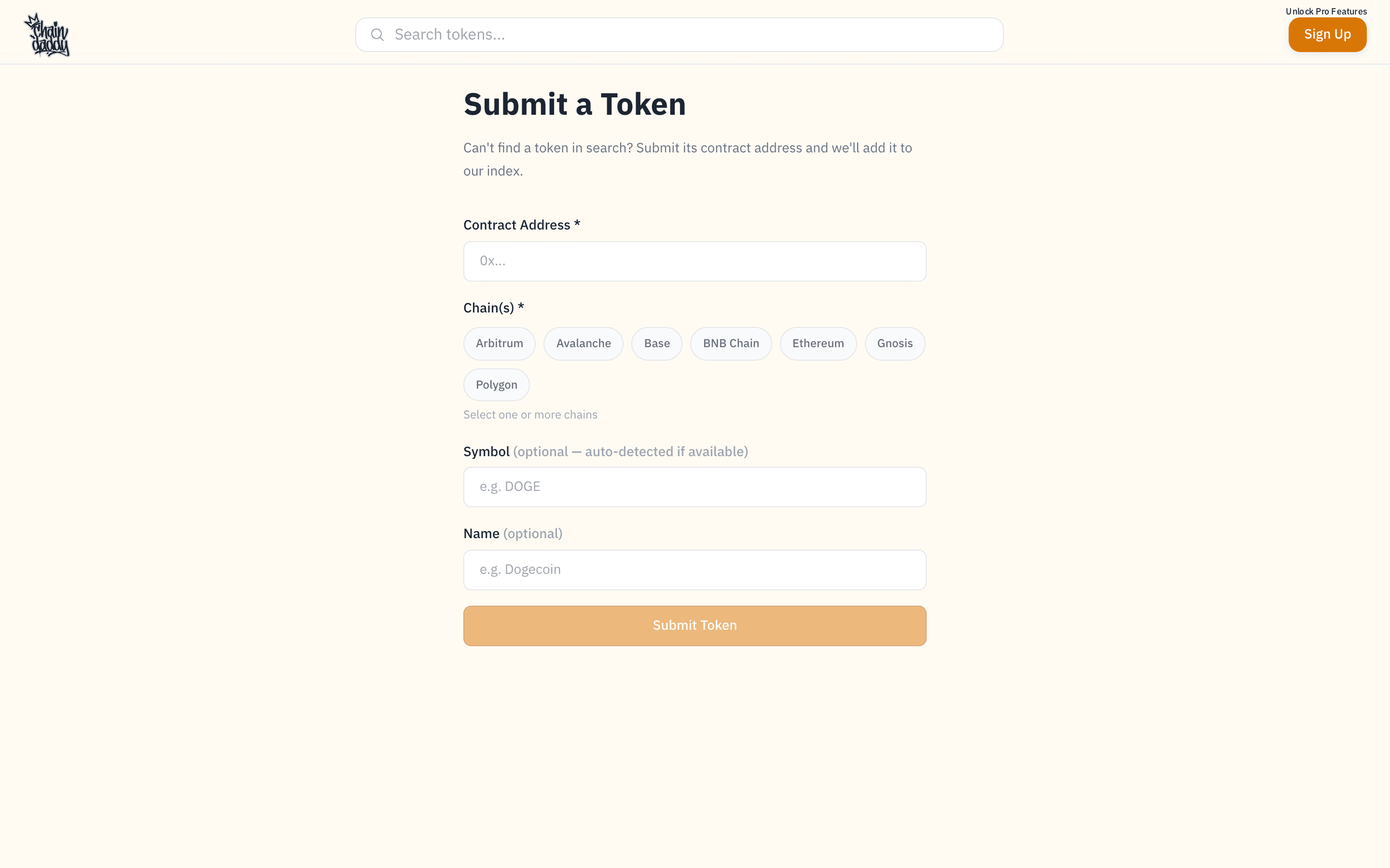 Add a token by contract address — paste the address, pick the chains, and Chain Daddy indexes it for free, then routes you to claim it