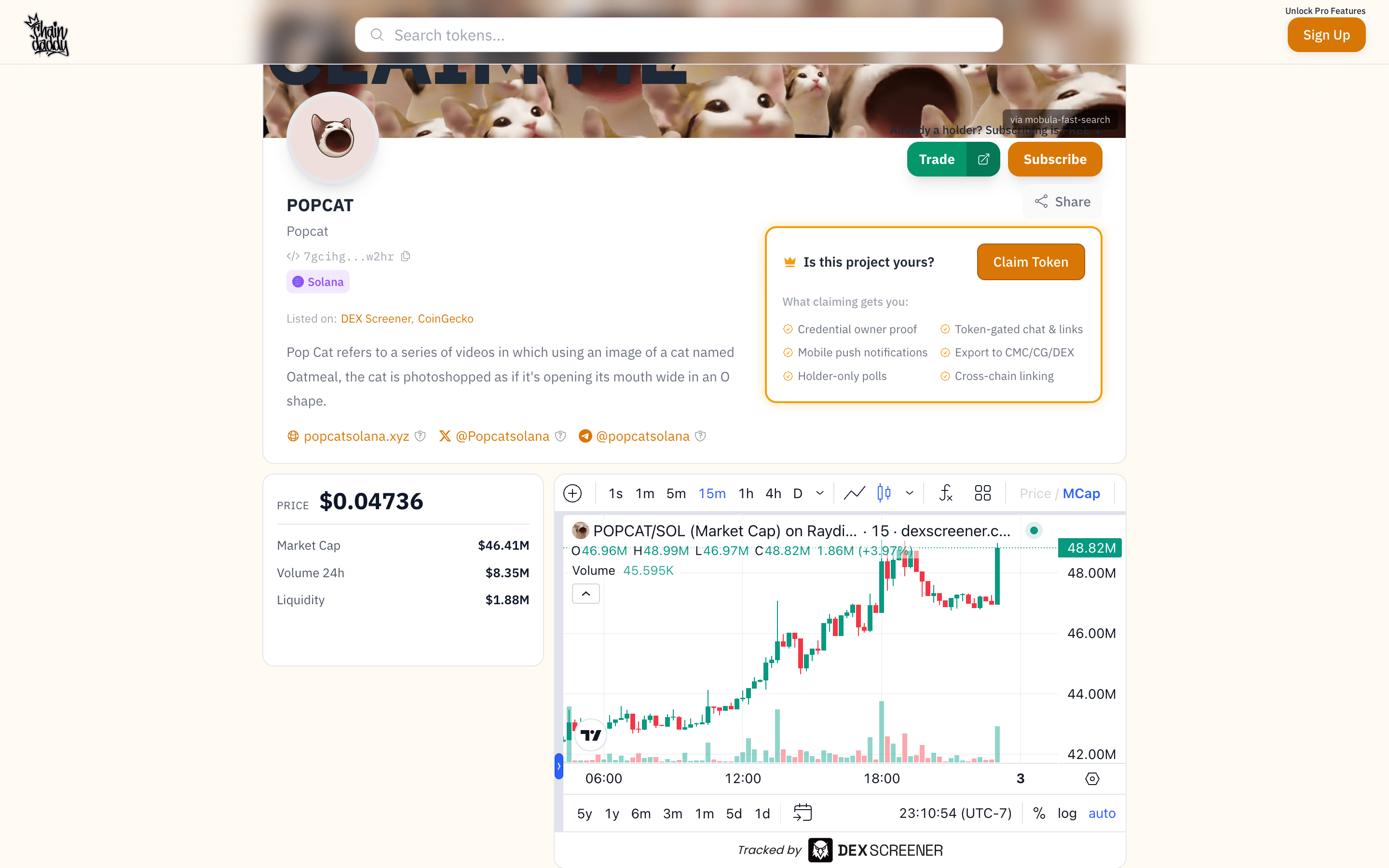 A public token page — branding, verified socials, live market stats, and a live price chart