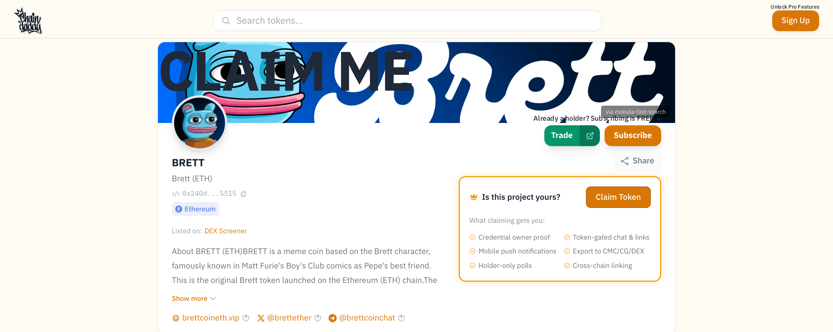 BRETT token page with blue comic-style hero banner