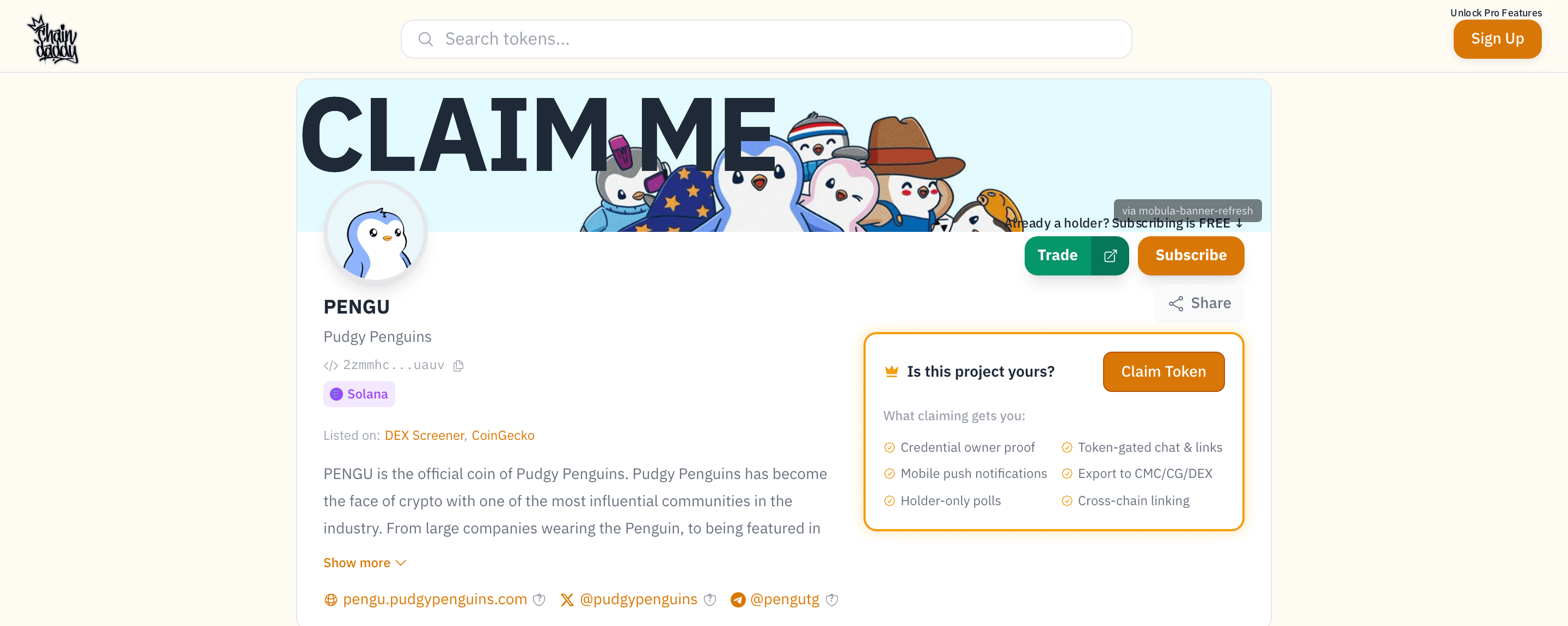 PENGU token page with Pudgy Penguins hero banner