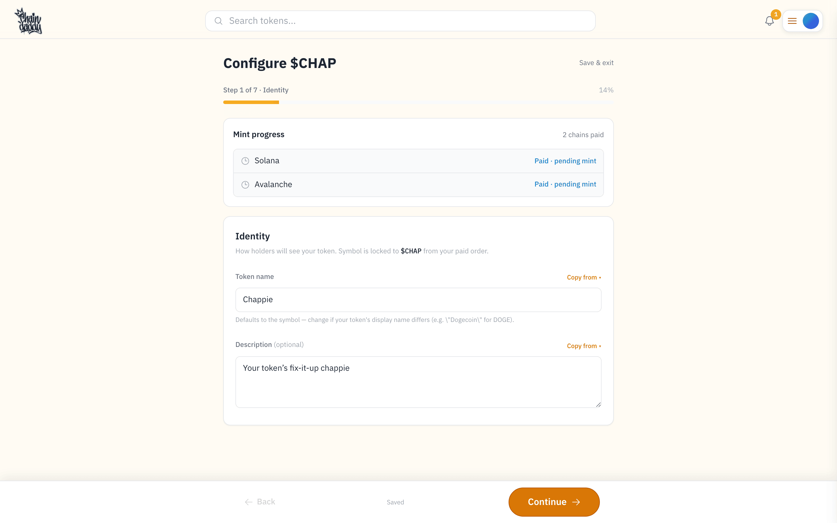 Wizard step 1 — Identity: token name and description; the symbol is locked to your paid order