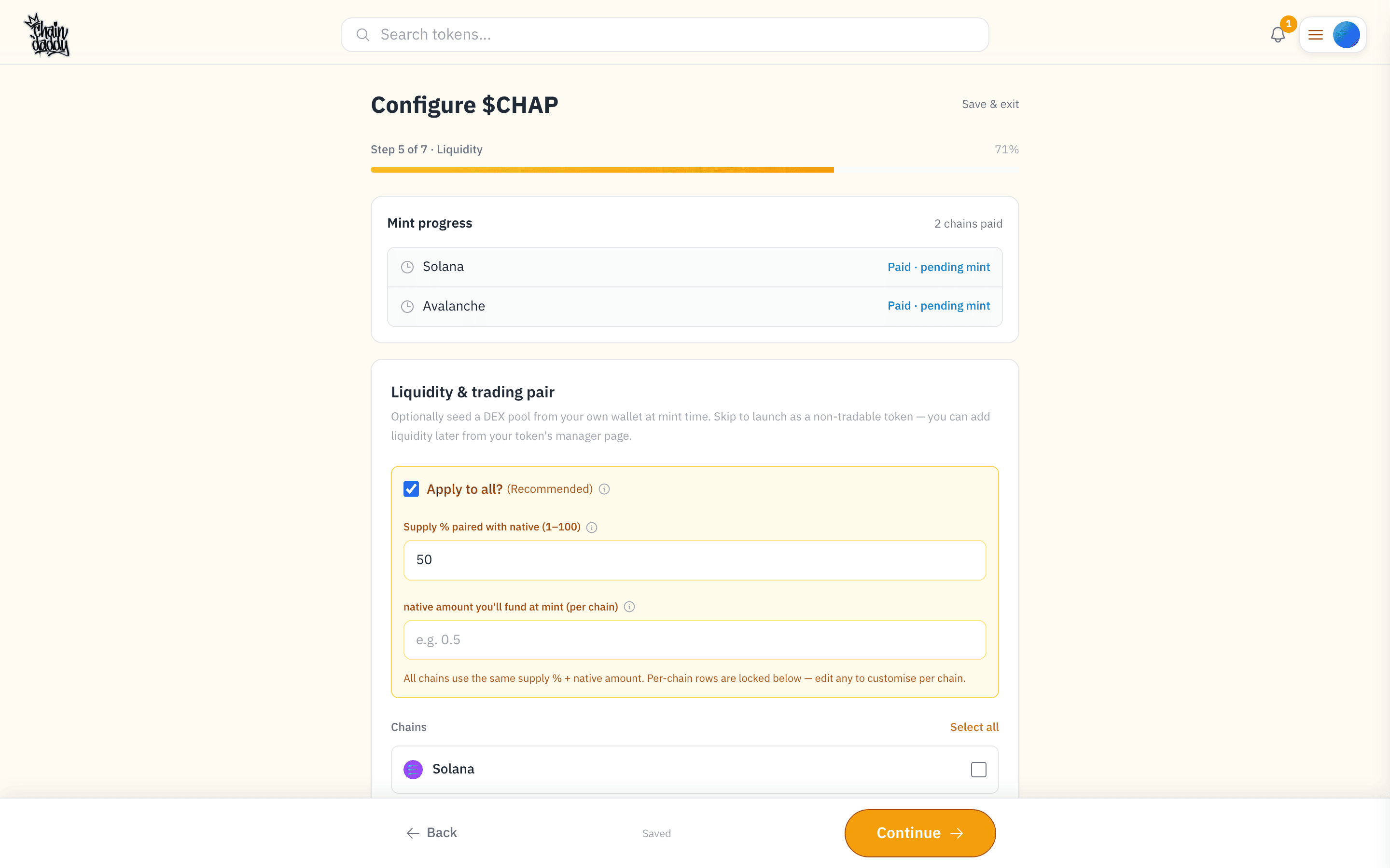 Wizard step 5 — Liquidity & trading pair: seed a DEX pool at mint, or skip and add liquidity later