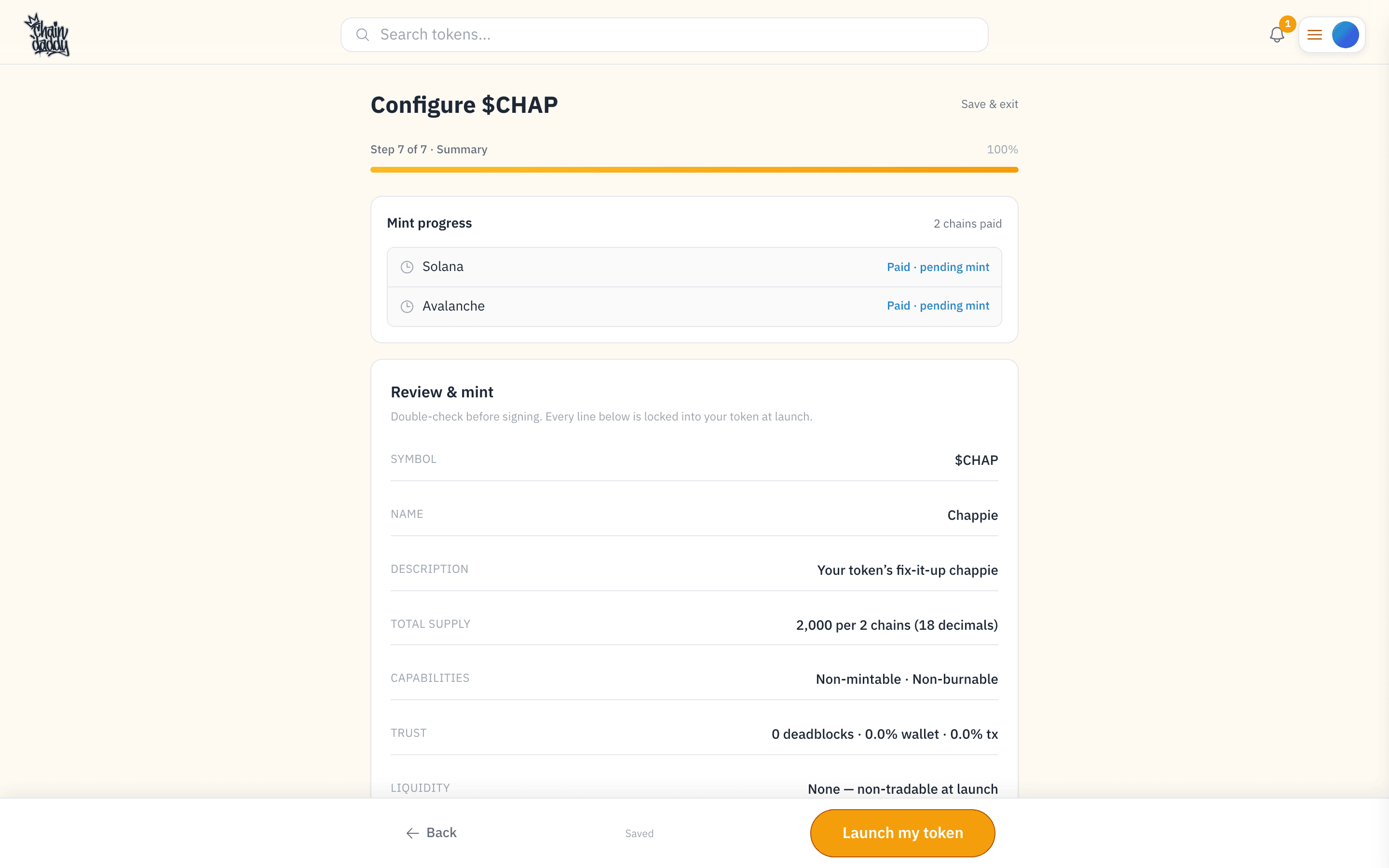 Wizard final step — Review & mint: confirm every setting, then sign one transaction per chain
