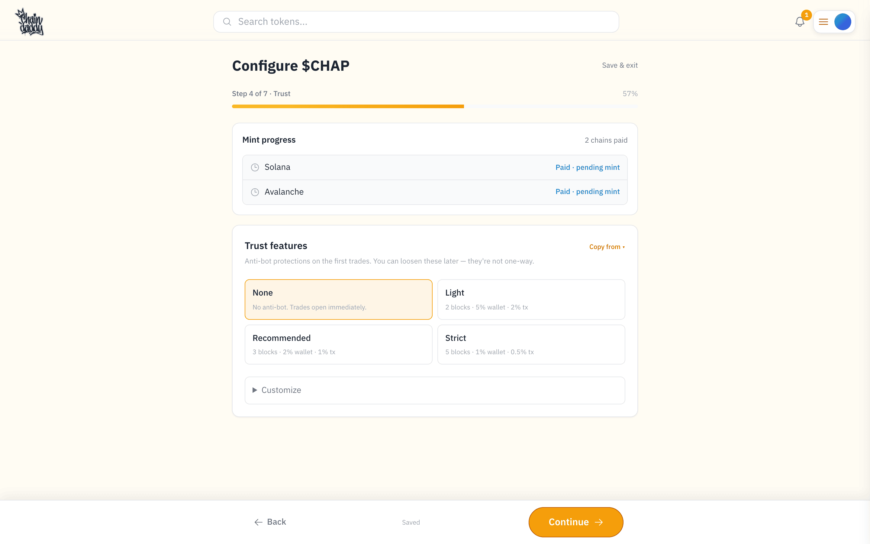 Wizard step 4 — Trust features: anti-bot presets plus per-parameter customization
