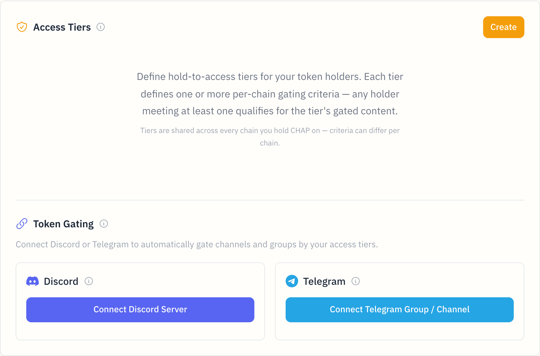 The Community tab's Token Gating card — define hold-to-access tiers, then connect a Discord server or Telegram group to gate it by those tiers