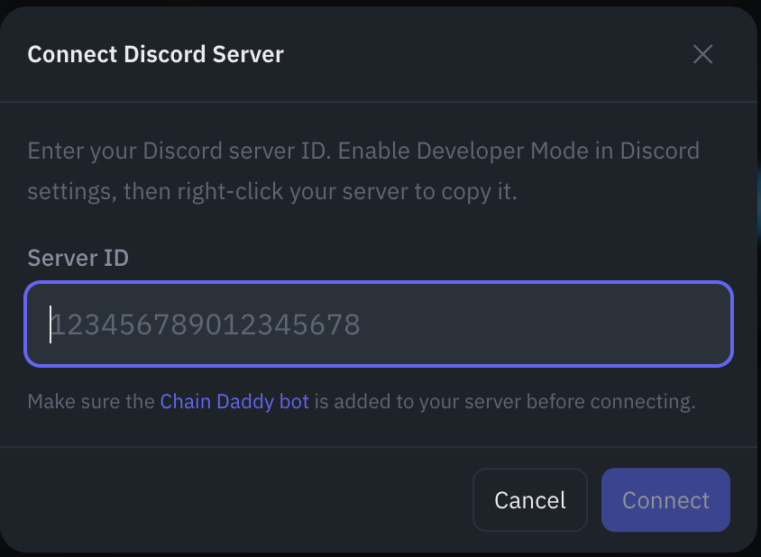 The Connect Discord Server dialog — paste your Server ID after enabling Developer Mode and copying it from your server