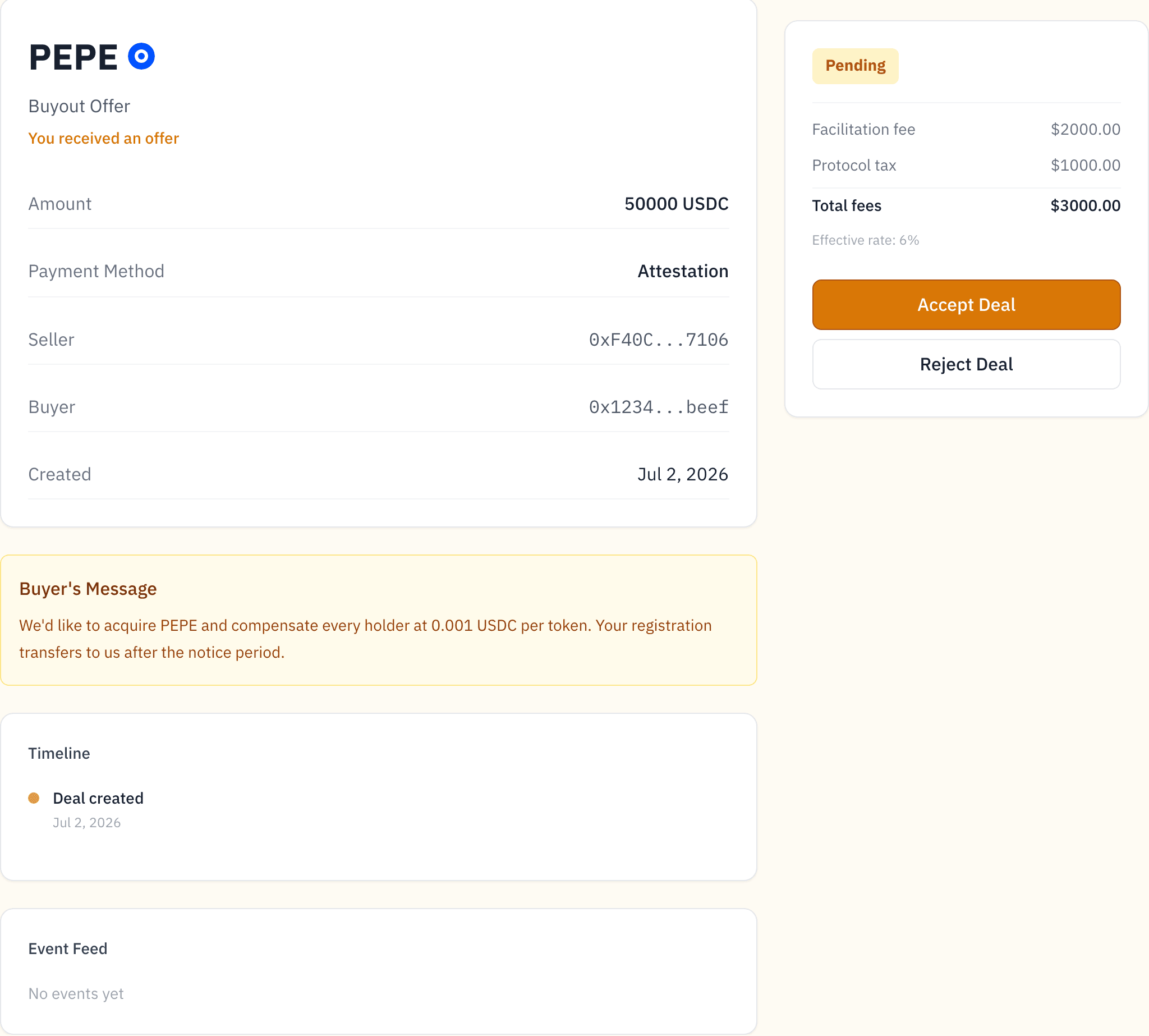 A received buyout offer — terms, buyer's message, fee breakdown, and Accept / Reject