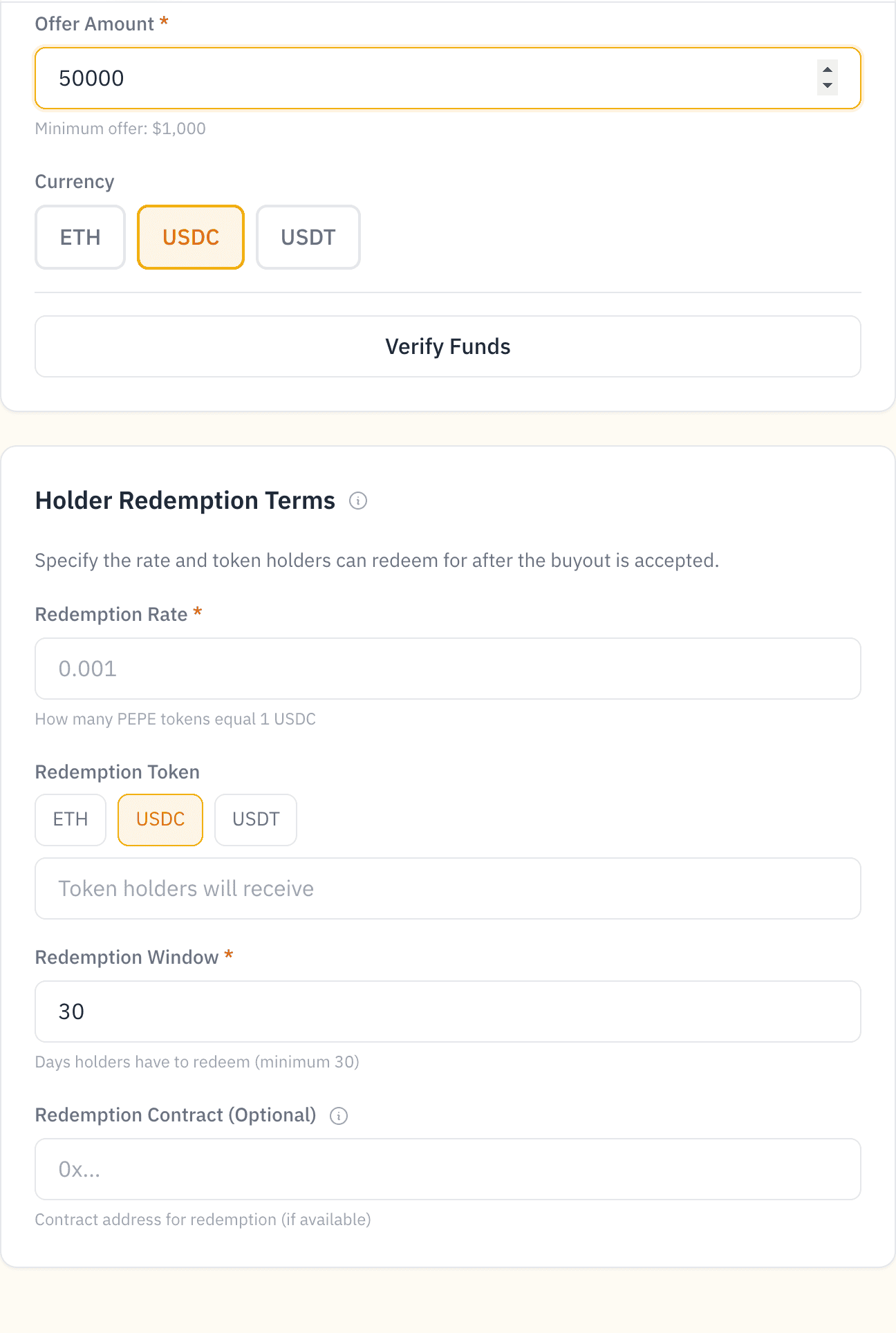 The buyout offer form — offer amount, currency, and holder redemption terms