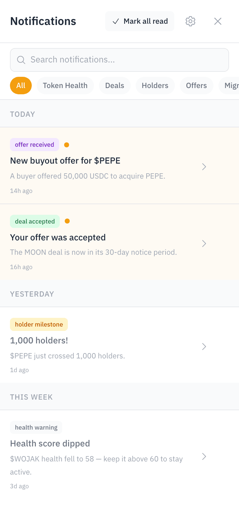 The notifications panel — deal offers, acceptances, and token alerts