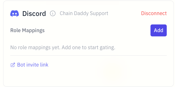 The connected Discord card — an empty Role Mappings list with an Add button and a bot invite link