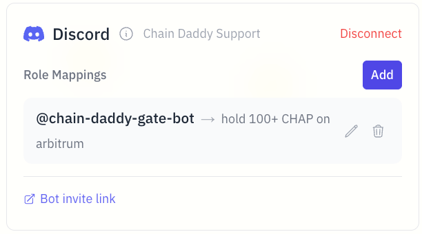 A live Discord role mapping — "@chain-daddy-gate-bot → hold 100+ CHAP on arbitrum", with edit and remove controls