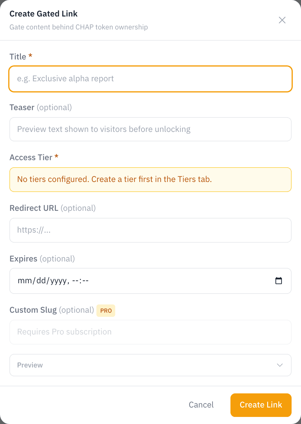 The Create Gated Link form — title, teaser preview, the access tier that gates it, an optional redirect URL and expiry, and a Pro custom slug