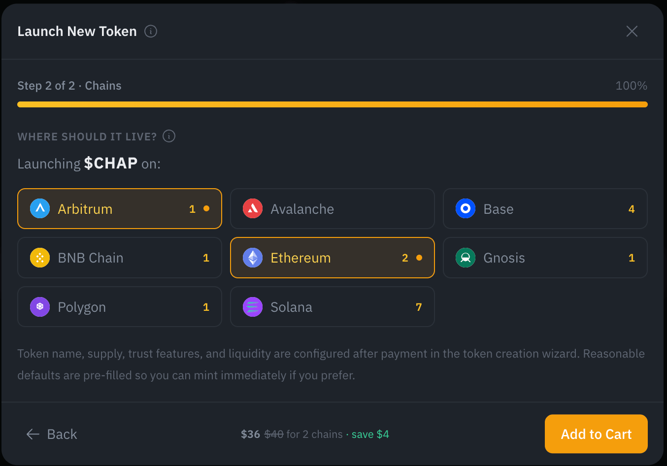 The Launch dialog's chain step flags how many existing tokens already use this name on each chain