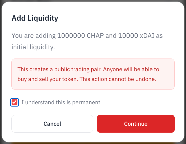 Add Liquidity confirmation — creating a public trading pair is permanent