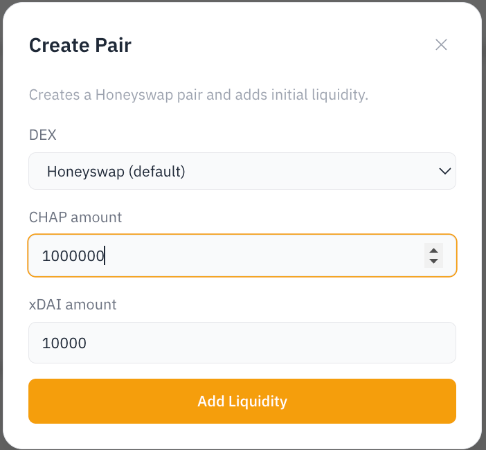 Create Pair — choose the DEX and the token + native amounts to seed the pool