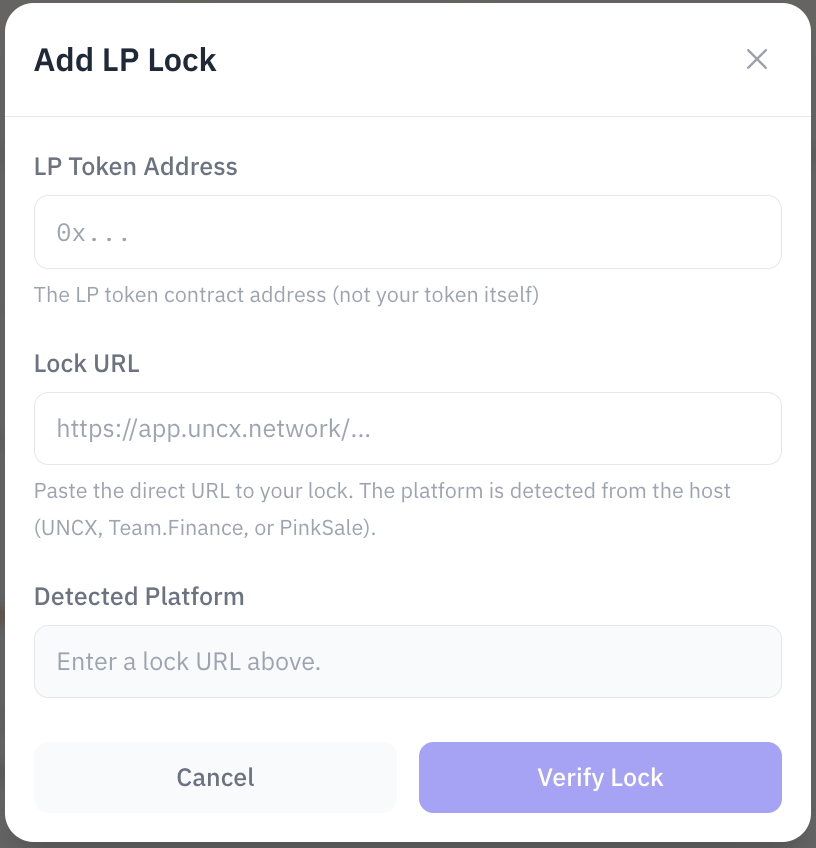 Add LP Lock — paste the LP token address and the lock URL; the locker platform is auto-detected