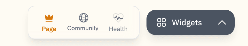 The token manager's bottom navigation — Page, Community, and Health, with the Widgets pill and its ⌃ actions menu