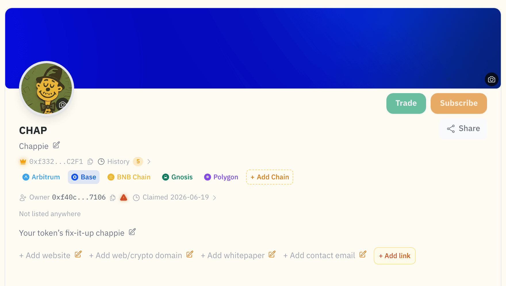 The Token Manager for a token registered on five chains — edit metadata, socials, and theme; switch chains or add a new one