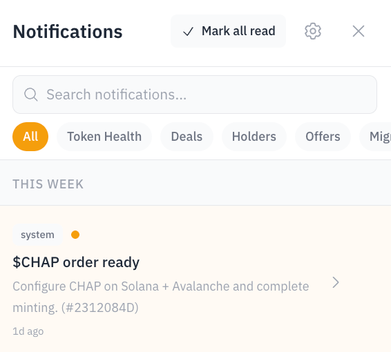 The notification inbox — search, category filters, and the gear that opens Preferences