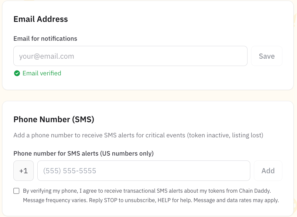 Preferences — add and verify an email address, and a phone number for critical SMS alerts