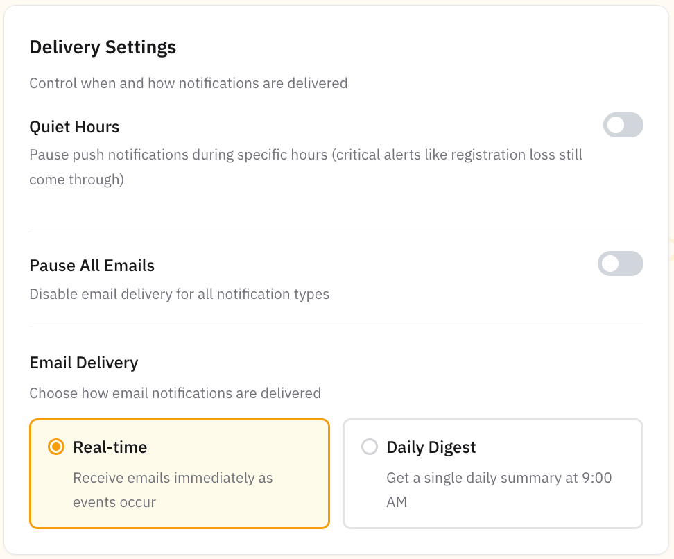 Delivery Settings — Quiet Hours, Pause All Emails, and Real-time vs Daily Digest email delivery