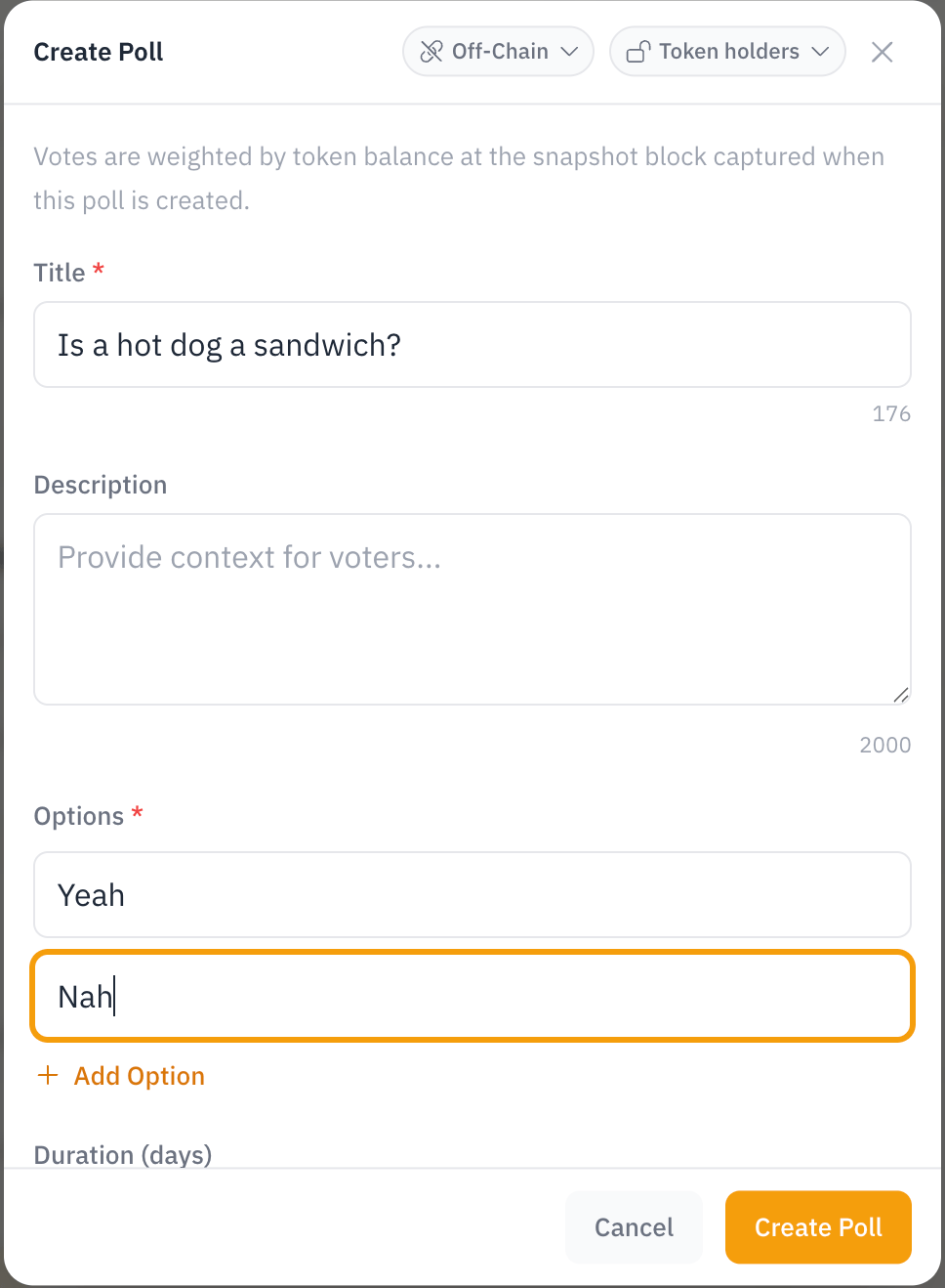 The Create Poll dialog — title, description, options, and duration, with a live preview