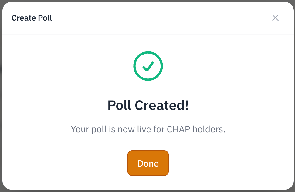 Poll Created — the poll is now live for your token's holders