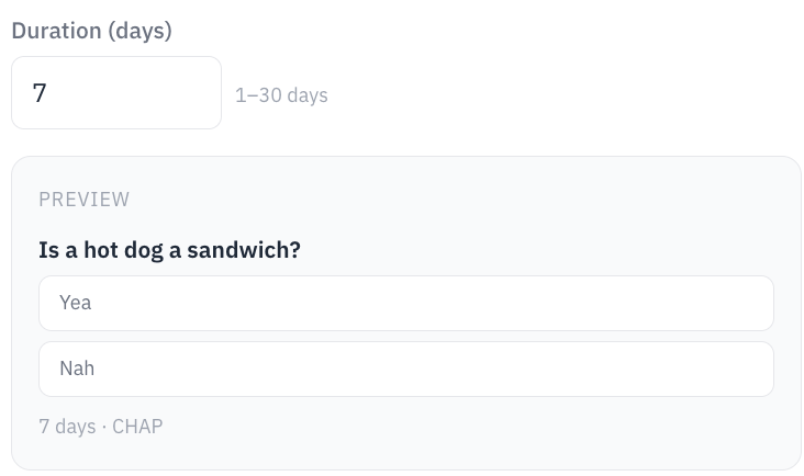 The Create Poll preview — the question and options as holders will see them