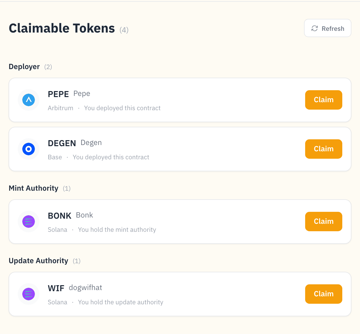 Detected claimable tokens across every supported chain