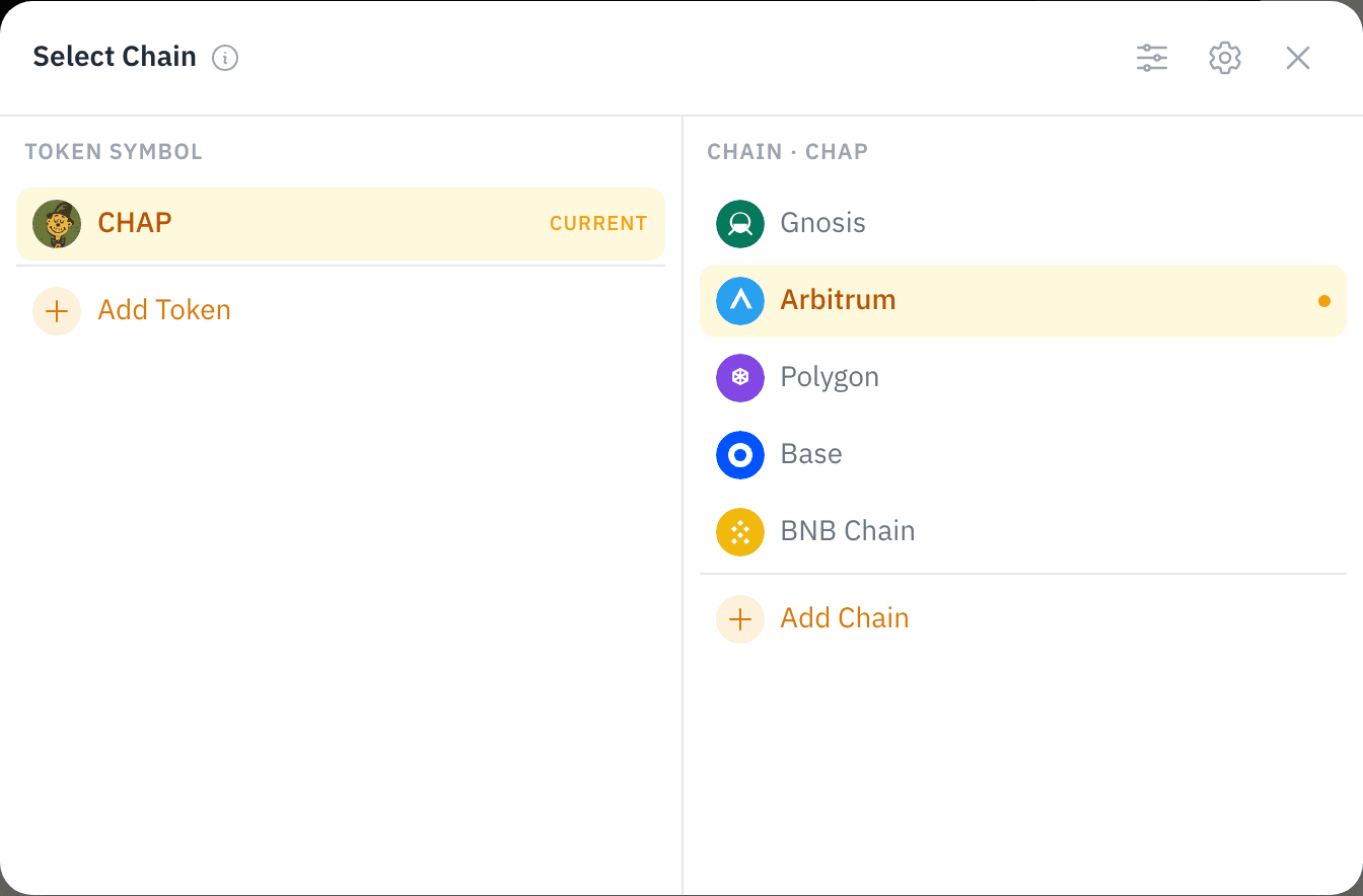 The chain switcher for CHAP — the current chains (Gnosis, Arbitrum, Polygon, Base, BNB Chain) with an "Add Chain" entry