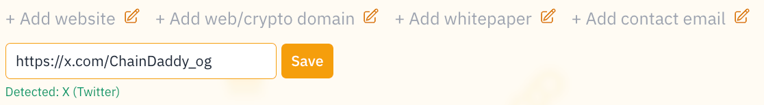 Adding a social link — paste your X profile URL; it's detected as X (Twitter)