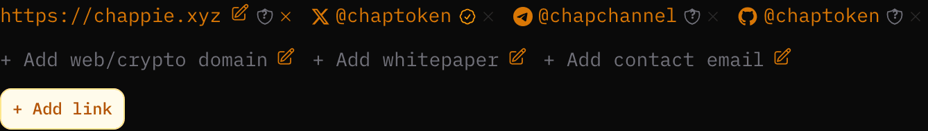 Links in the token page header — a verified X handle with a check badge, alongside website, Telegram, and GitHub links with unverified shield-question badges and an "Add link" affordance