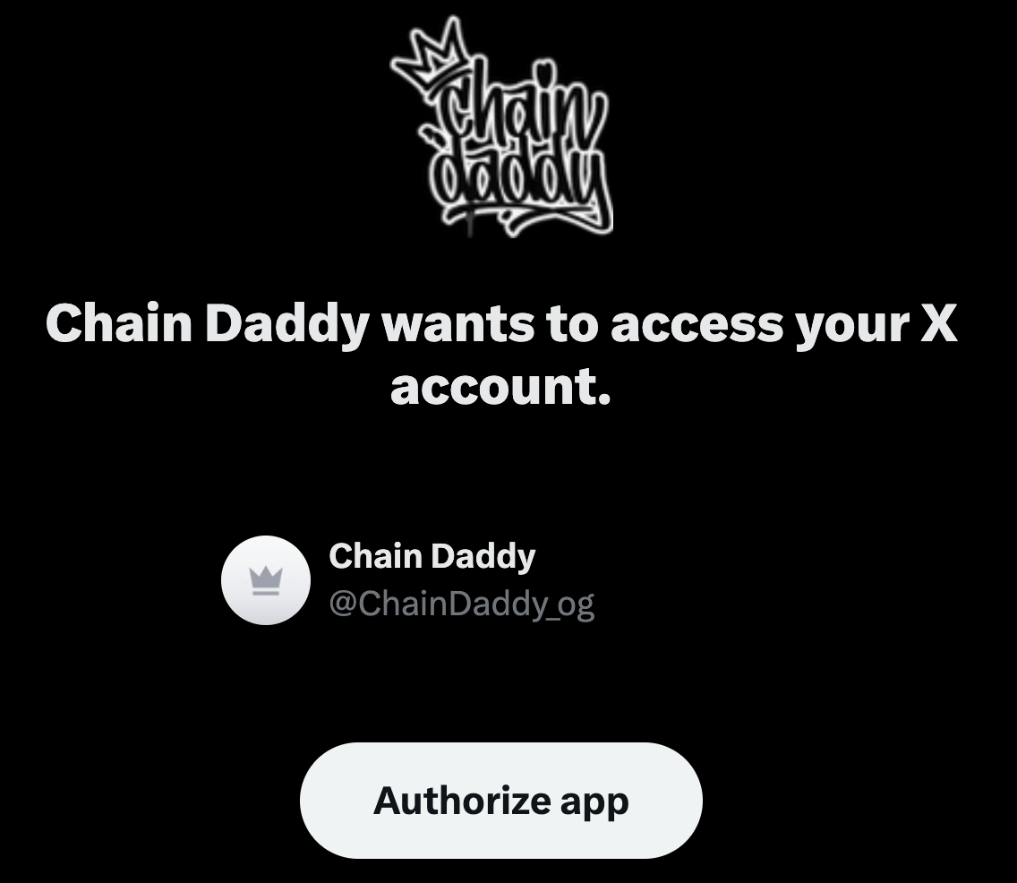 Authorizing on X — "Chain Daddy wants to access your X account"