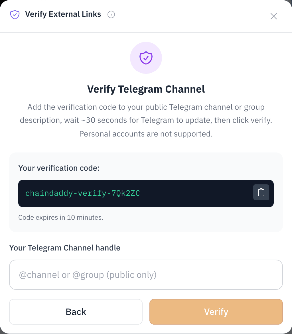 The bio-code verification step for Telegram — a one-time verification code to place in your channel description, plus a handle input