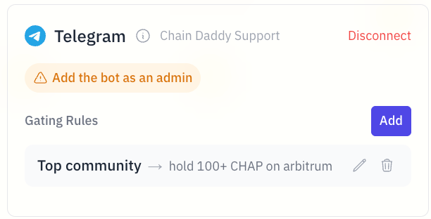A live Telegram gating rule — "Top community → hold 100+ CHAP on arbitrum", with edit and remove controls