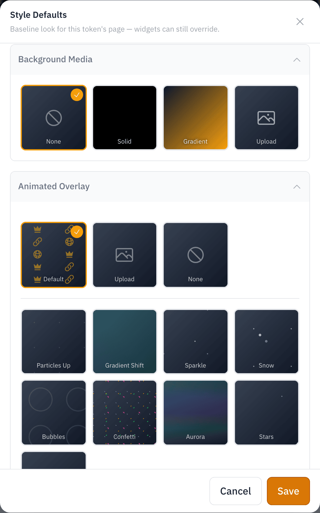 The Background Media and Animated Overlay controls in the Style editor — background tiles (None, Solid, Gradient, Upload) and the overlay gallery (Particles, Gradient Shift, Sparkle, Snow, Bubbles, Confetti, Aurora, Stars)