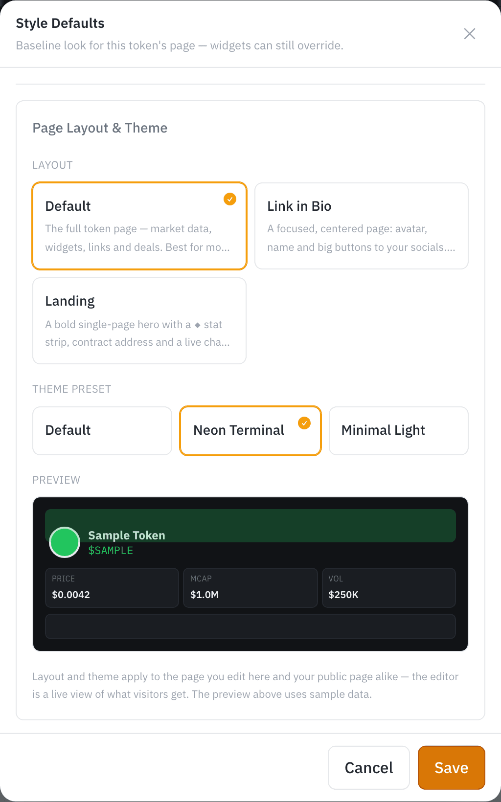 The Style editor — Page Layout & Theme controls: layout (Default, Link in Bio, Landing), theme presets, and a live preview of the token page
