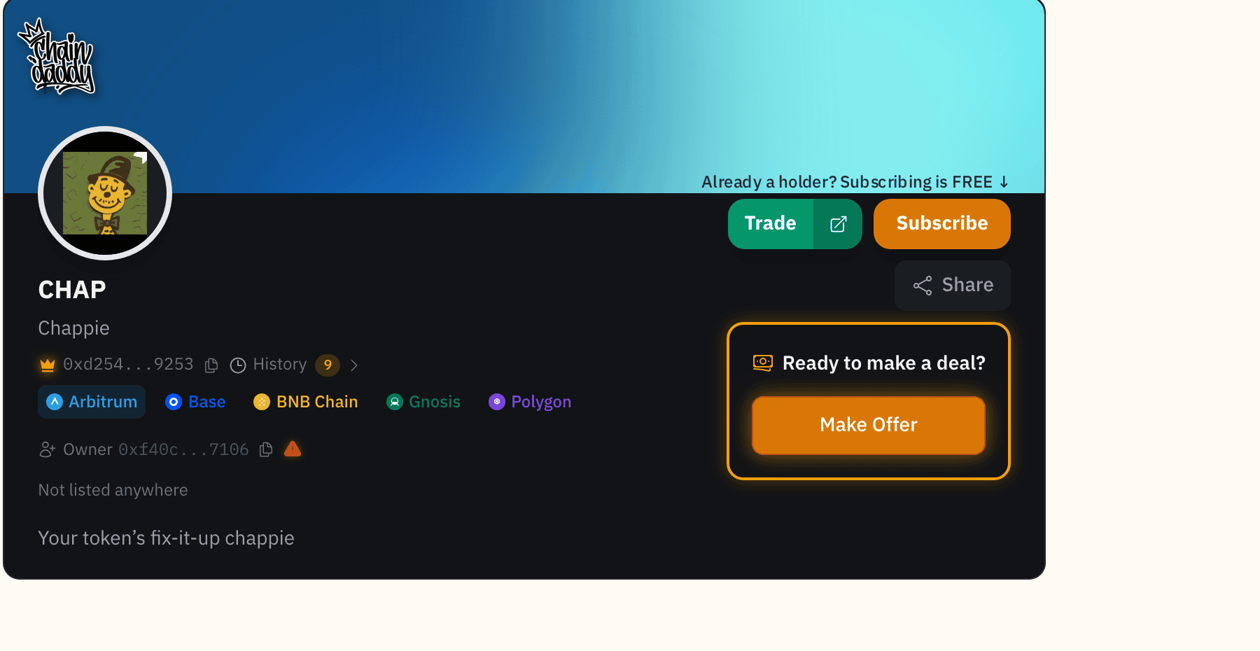 The Chain Daddy logo watermark in the top corner of a Free/Pro token page